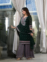 Green Floral Printed Georgette Kurta Sharara & Dupatta Set With Sequins-J4692GREEN